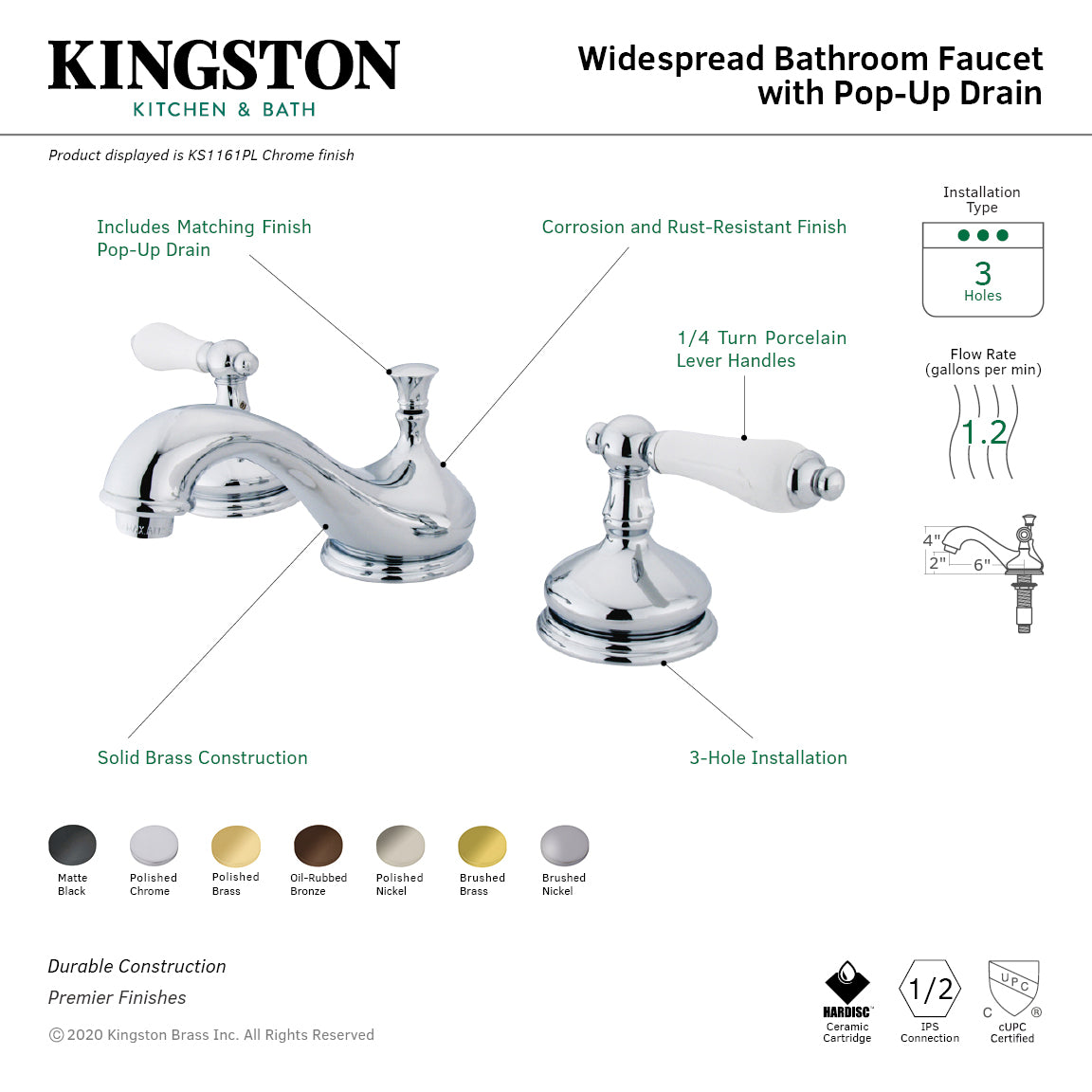 Kingston Heirloom KS1162PL - Heritage Two-Handle 3-Hole Deck Mount Widespread Bathroom Faucet with Brass Pop-Up, Polished Brass — thumbnail 2